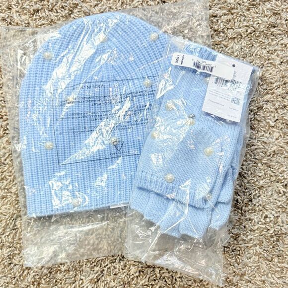 NWT Kate Spade Blue Pearl Knit Beanie & Mitten/ Fingerless Gloves Set - Picture 2 of 5